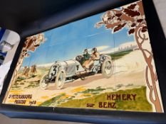 A selection of tiles depicting two figures in a vintage motor car passing two polo players on