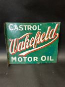 A Wakefield Castrol Motor Oil double sided enamel advertising sign with hanging flange, 18 x 15",