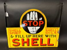A Shell Spirit and Oils STOP and Fill Up Here with Shell double sided hanging enamel advertising