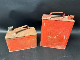 A Shell Aviation Spirit two gallon can with Shell cap and a one gallon can.