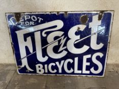 A Fleet Bicycles depot double sided hanging enamel advertising sign, 20 x 14".