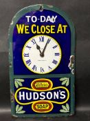 A Hudson's Soap clock enamel advertising sign by Chromo, Wolverhampton, 10 1/2 x 18