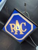 An RAC hanging lightbox, in good condition, one original glass panel, the back plain, 20 1/2 x 20