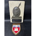 A wooden shield-shaped plaque for Norwich Union Fire Insurance Society, 6 x 8" and a mounted replica