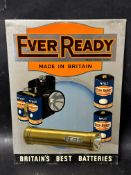 An Ever Ready 'Britains Best Batteries' tin advertising sign with hook for hanging and stand for