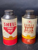 A Shell X-100 Motor Oil pint oil can and a Shell Spirax 90EP pint oil can.