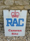 An RAC Caravan Site double sided enamel sign, 21 x 25