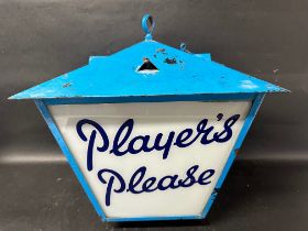 A Player's Please lantern with two printed and two plain glass panels, 14" tall x 16" wide at top