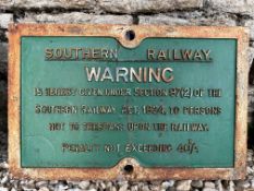 A Southern Railway Warning cast iron railway sign, 24 1/2 x 15 3/4".