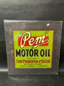 A Pem Motor Oil advertisement, mounted for display, 16 1/4 x 16 1/4".