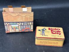 A Slade's Dandy Toffy moneybox tin and a Derbyshire's 'are delicious' sweetie box for John S.
