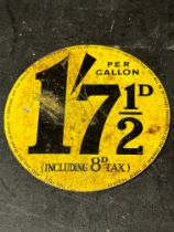 A property of Shell-Mex and B.P. Limited tin petrol pump price tag, 1'7 1/2D per gallon, 3 3/4"