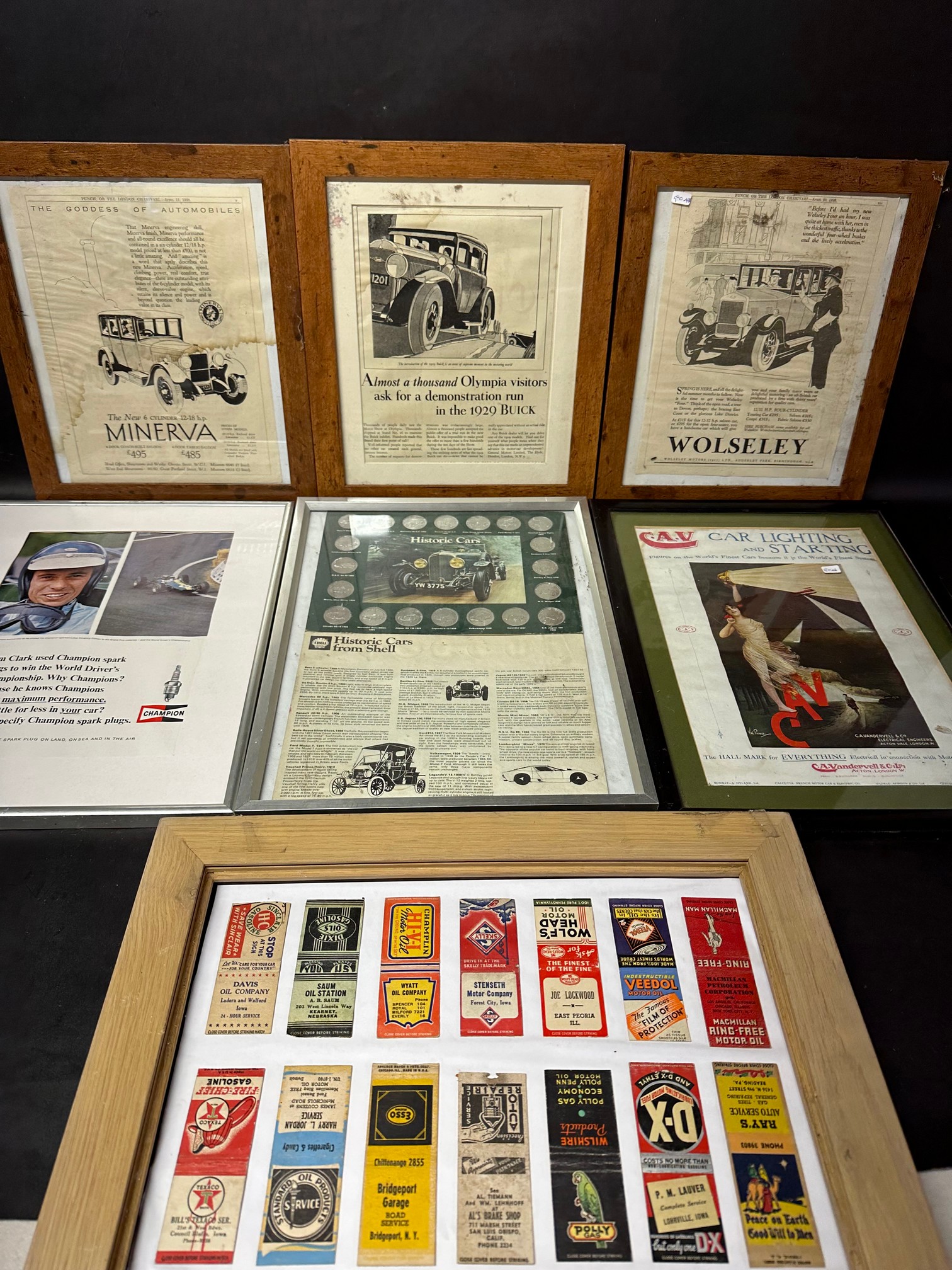 A selection of framed prints etc. to include American petrol and oil branded match packs, CAV