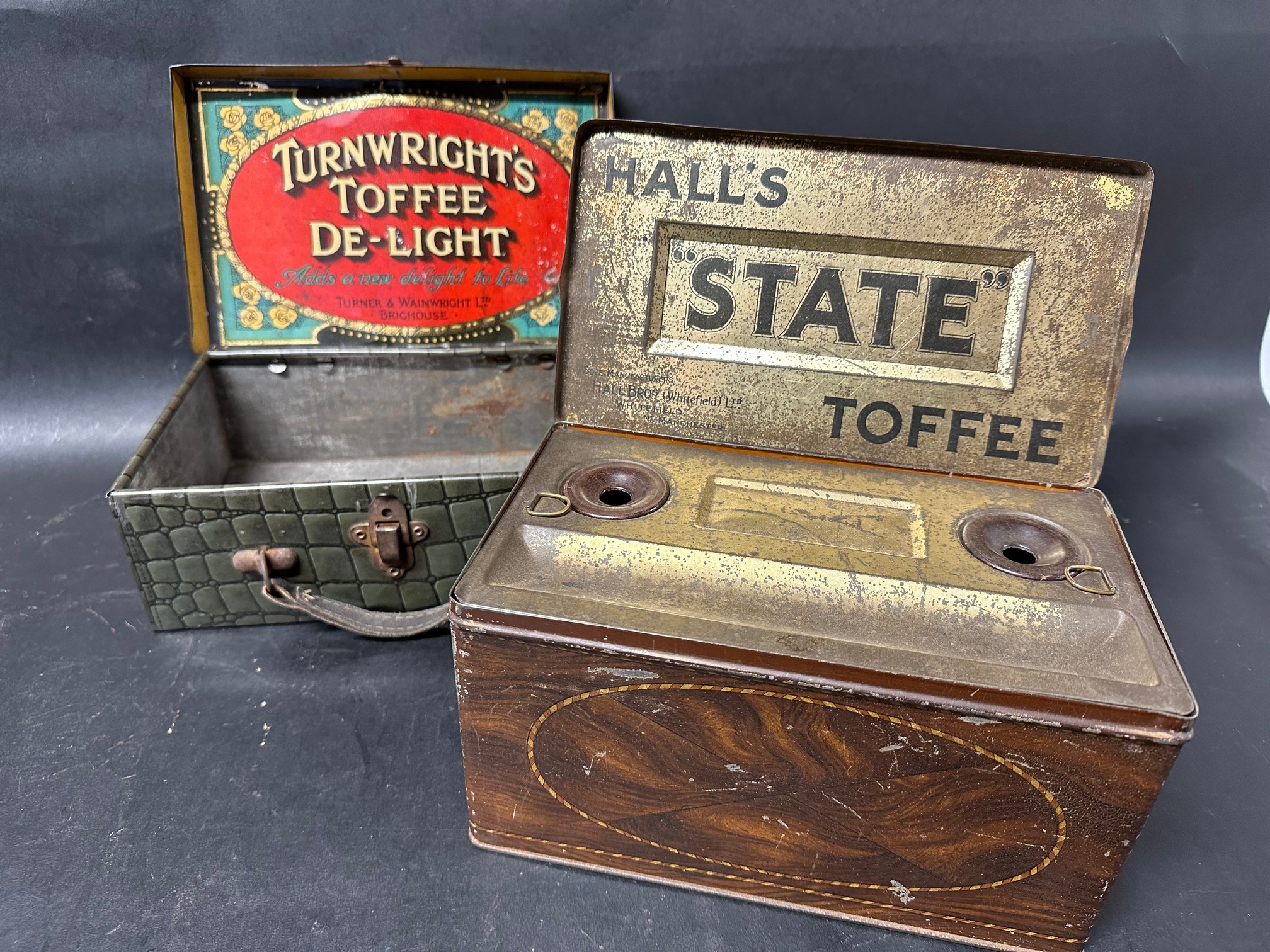 A Turnwright's Toffee De-Light tin in the form of a suitcase and a Hall's State Toffee tin with - Image 15 of 15