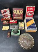 A selection of advertising including Oxo tins, a John Bull repair outfit, Orlox Beef Suet boxes,