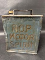 An R.O.P. Motor Spirit two gallon petrol can with plain cap.