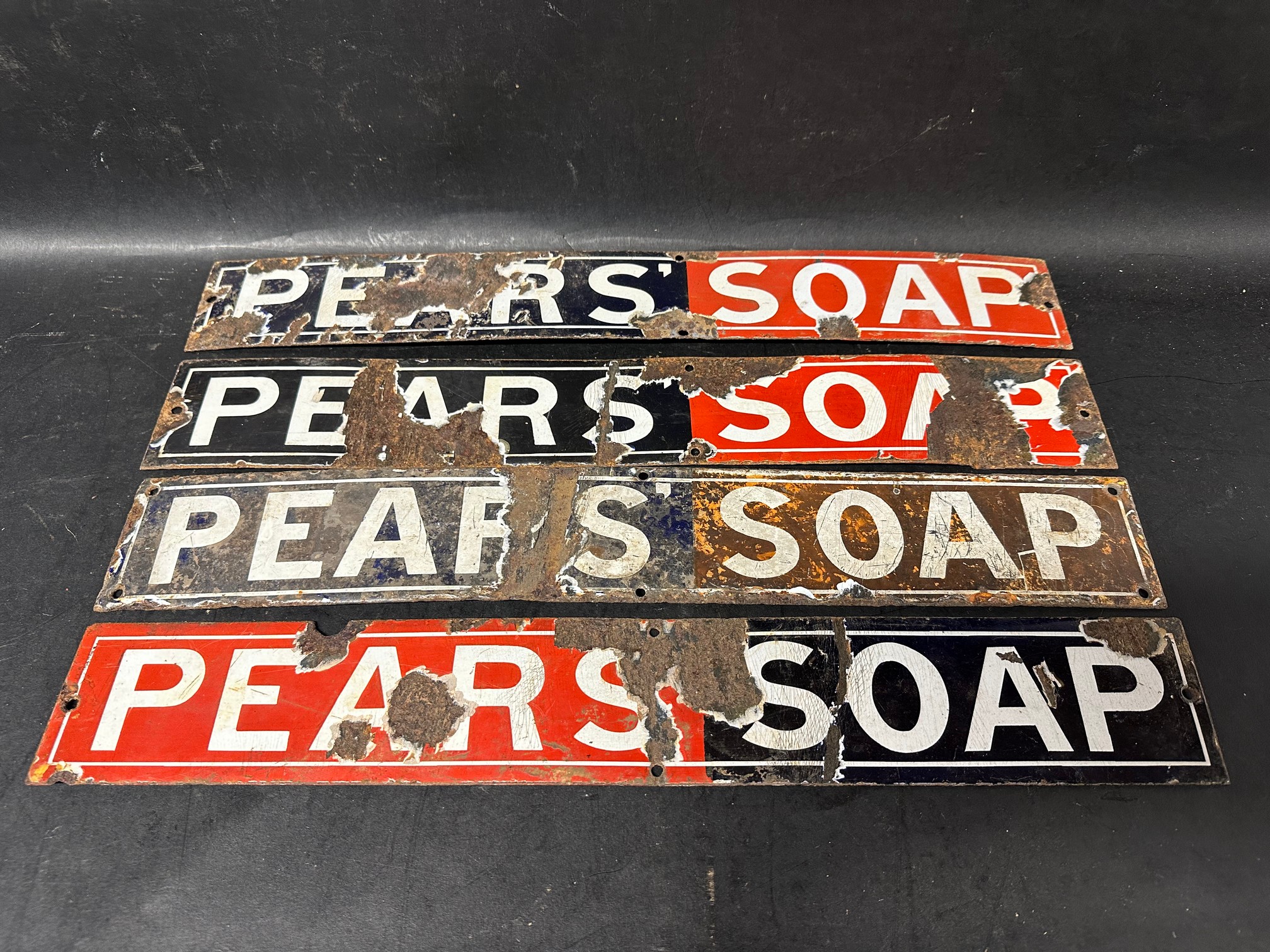 Four Pears Soap enamel strip signs, each 18 1/2 x 2 3/4".