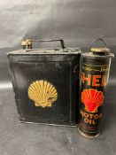 A Shell Duo two gallon can with oil can insert and Shell cap.