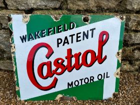 A Wakefield Castrol Motor Oil double sided enamel advertising sign with hanging flange, 20 x 16".