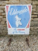 An Eldorado Ice Cream advertising sign on stand, 19 3/4 x 34".