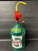 A five gallon drum with Wakefield Castrol Motor Oil decal and hand crank barrel pump, 34" tall.