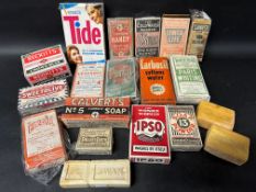 A box of early packaging for soap, washing crystals etc. to include Ipso, Sadler & Co., Tide,