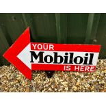 A Mobiloil double sided directional arrow enamel garage advertising sign with marker mount, 32 3/4 x
