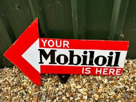 A Mobiloil double sided directional arrow enamel garage advertising sign with marker mount, 32 3/4 x