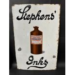 A Stephens' Inks enamel advertising sign depicting a bottle of writing fluid, by Patent Enamel Co.