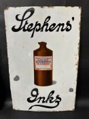 A Stephens' Inks enamel advertising sign depicting a bottle of writing fluid, by Patent Enamel Co.