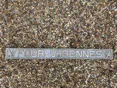 An aluminium farming sign for Four Varennes, 47 x 4 1/2".