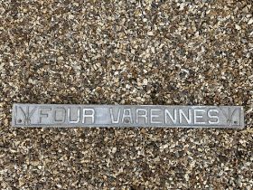 An aluminium farming sign for Four Varennes, 47 x 4 1/2".