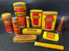 A small collection of Dunlop tins including 'Major' and 'Minor' Tube Repair Outfits, French chalk,