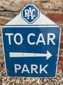 An RAC Royal Automobile Club enamel advertising sign 'To Car Park' with arrow pointing to the right,