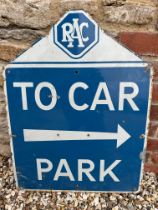 An RAC Royal Automobile Club enamel advertising sign 'To Car Park' with arrow pointing to the right,