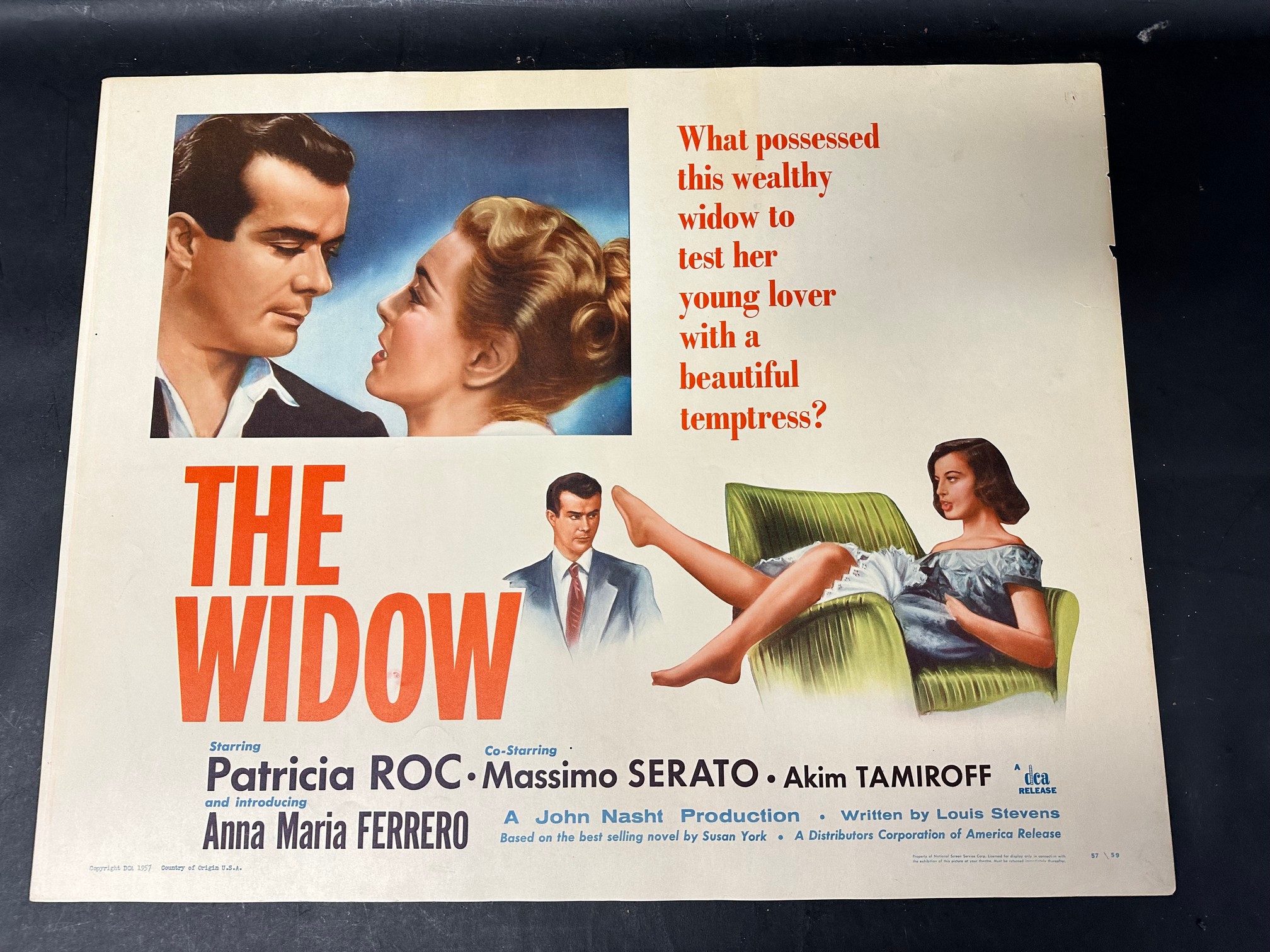 An original 1957 USA film poster for The Widow starring Patricia ROC, Anna Maria Ferrero, a John