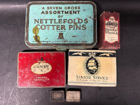 A collection of advertising tins including Nettlefolds Cotter Pins, Craven ''A'', Senior Service,