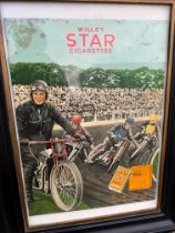A Wills's Star Cigarettes celluloid covered showcard depicting a motorcycle race with foreground