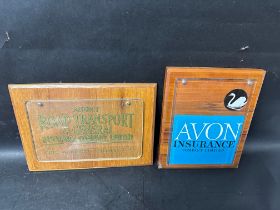 An Avon Insurance Company Ltd. plaque mounted on wood, 9 1/2 x 11 1/2" and a Road Transport &