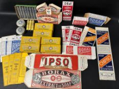 A quantity of good Borax advertising including soap boxes, shaving soap tins and tubes, a showcard