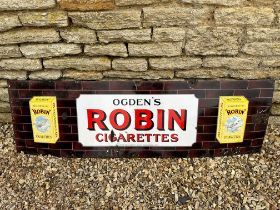 An enamel sign advertising Ogden's Robin Cigarettes, painted brown to verso, 60 1/4 x 18".