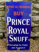 A Royal Prince Snuff enamel advertising sign by Patent Enamel Co. Birmingham, 12 x 24