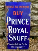 A Royal Prince Snuff enamel advertising sign by Patent Enamel Co. Birmingham, 12 x 24".