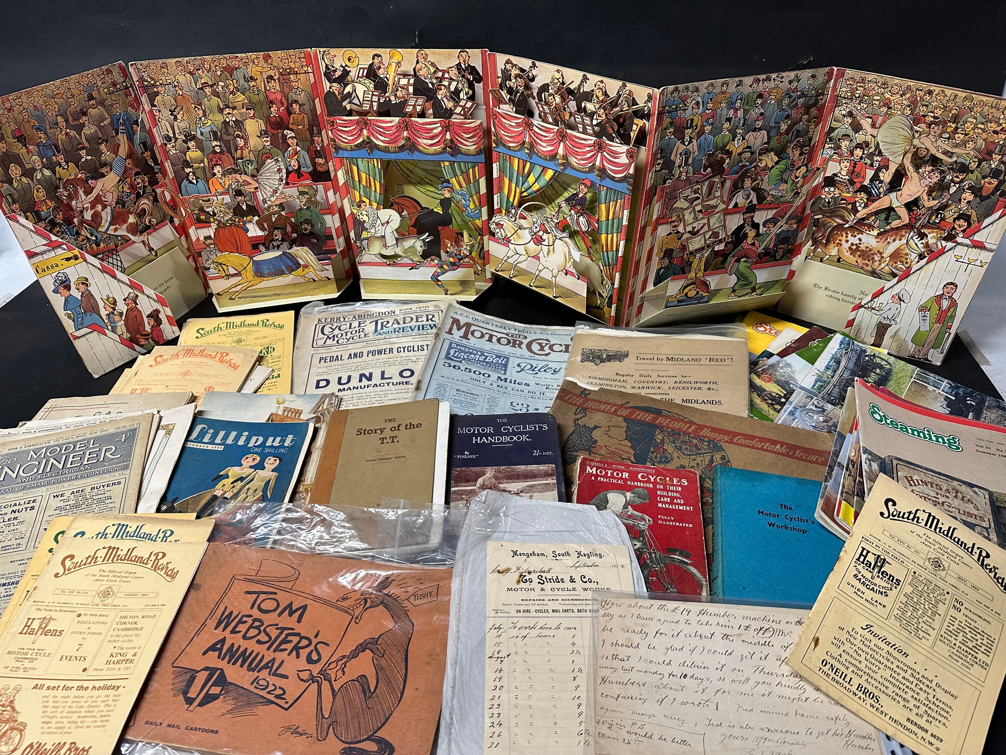 An interesting lot of books and ephemera including a Tom Webster's 1922 annual, International Circus