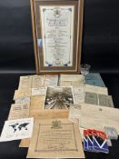 A selection of mostly wartime ephemera as well as playing cards, shoe studs, an etched drinking