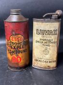 An Essolube Expee Compound 80 quart can and a Luvax Hydraulic Shock Absorber Fluid can supplied by