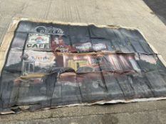 A large canvas depicting American cars outside a drive-thru diner, signed, 180 x 115