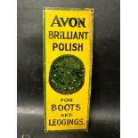 A tin finger plate advertising Avon Brilliant Polish For Boots and Leggings, 3 x 8".