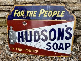 A Hudson's Soap 'For the people' enamel advertising sign with the name lit by lamp labelled MHH,