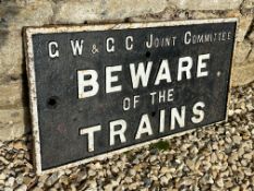 A G.W. & G.C. Joint Committee 'Beware of the Trains' cast iron railway sign, 27 x 14".